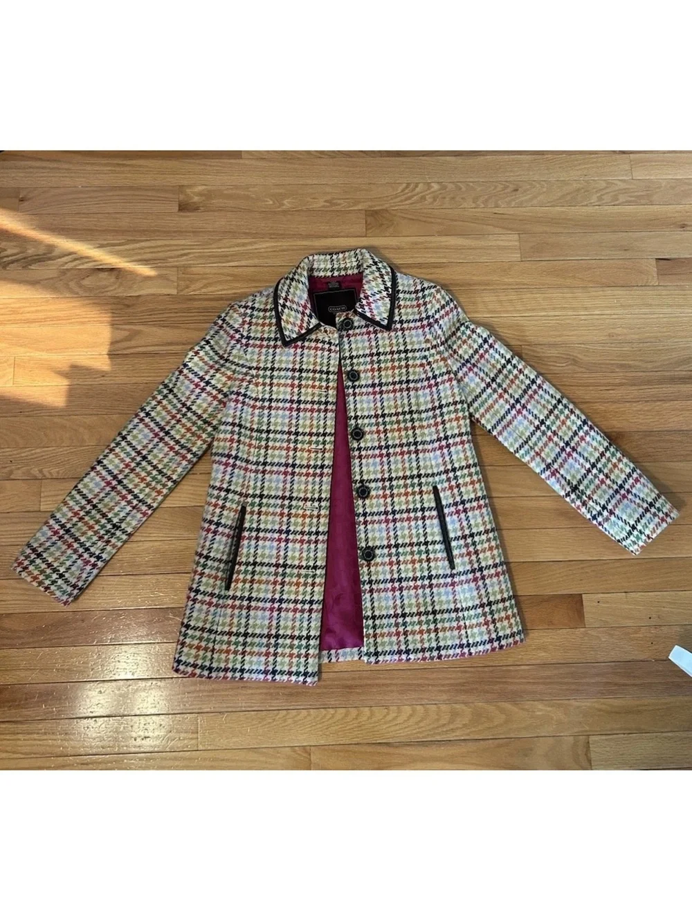 Coach Tattersall Hampton Tweed Plaid Rainbow Houndstooth Wool Pea Coat Jacket XS